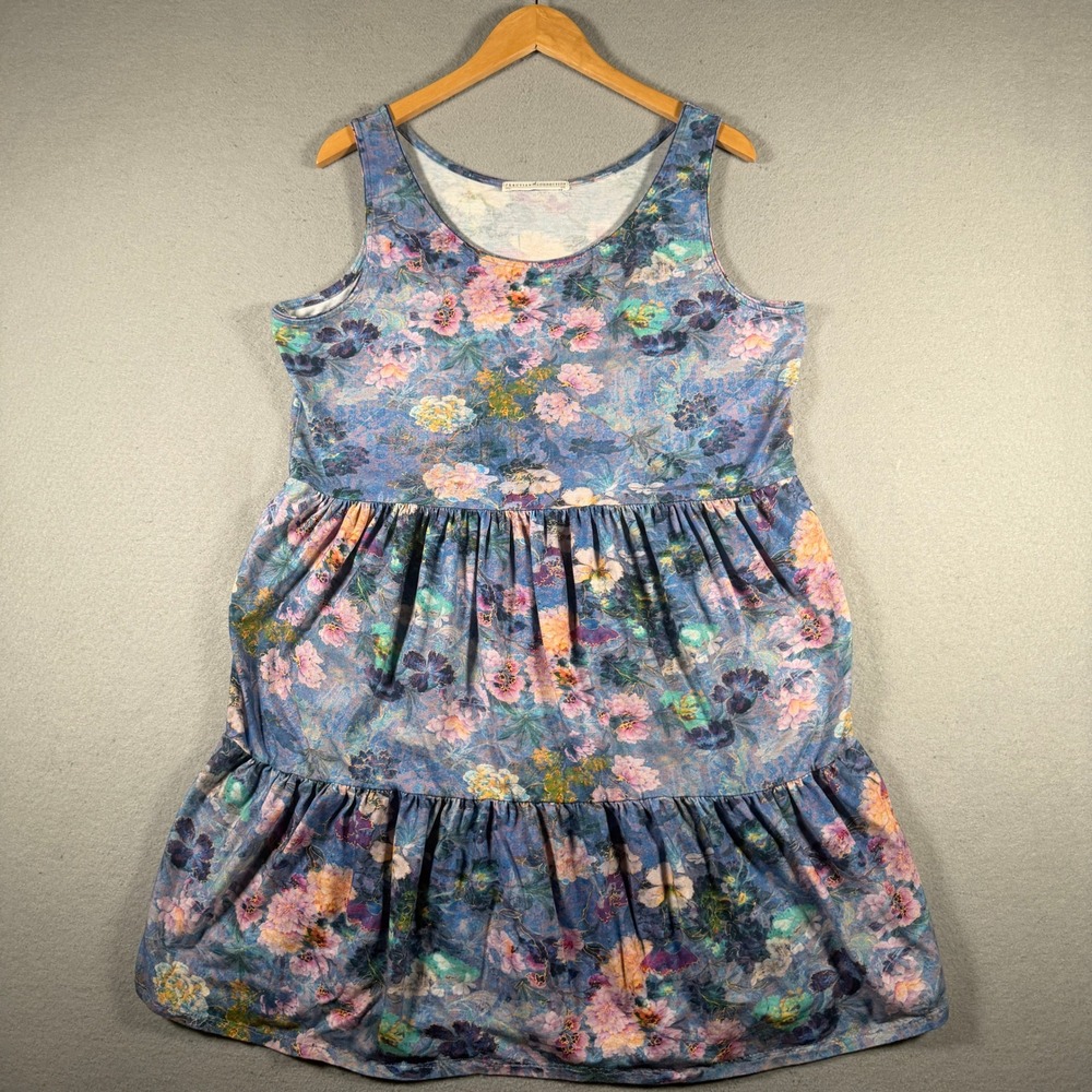 Peruvian Connection Blue Floral Tiered Jersey Knit Dress XXL Scoop Neck‎ Peru